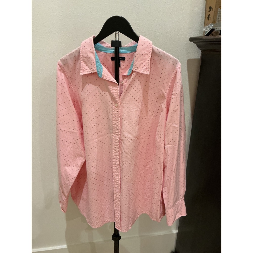 Lands End Womens 2X Pink Teal Polka Dot Cotton Oxford Button Down Shirt